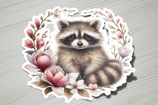 a sticker of a raccoon surrounded by flowers
