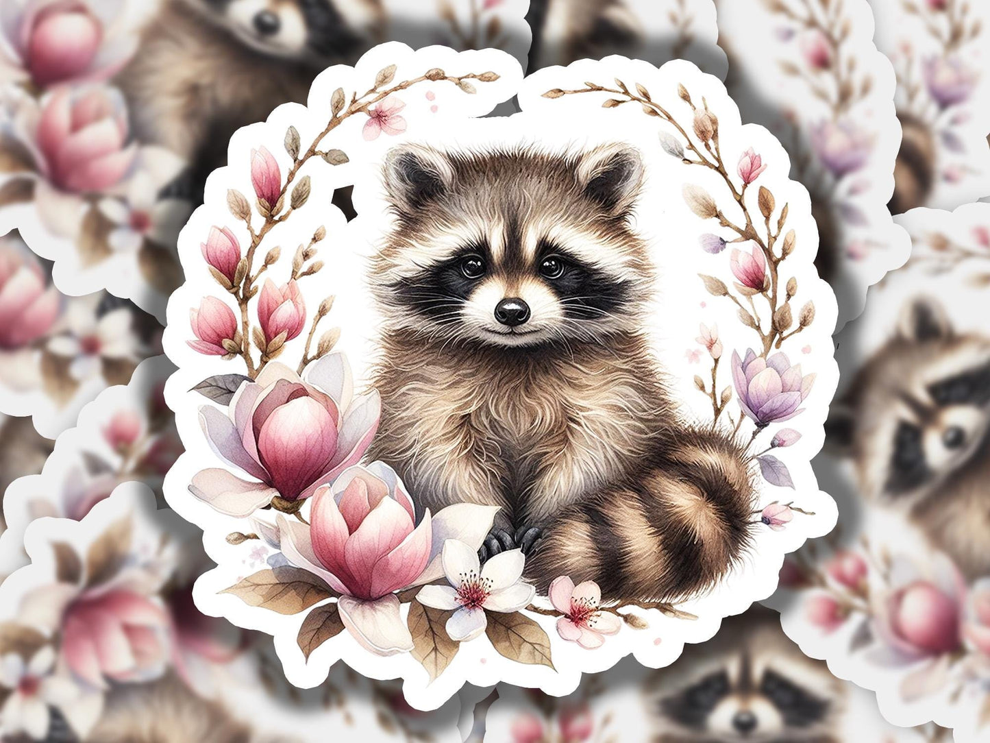 a painting of a raccoon surrounded by flowers