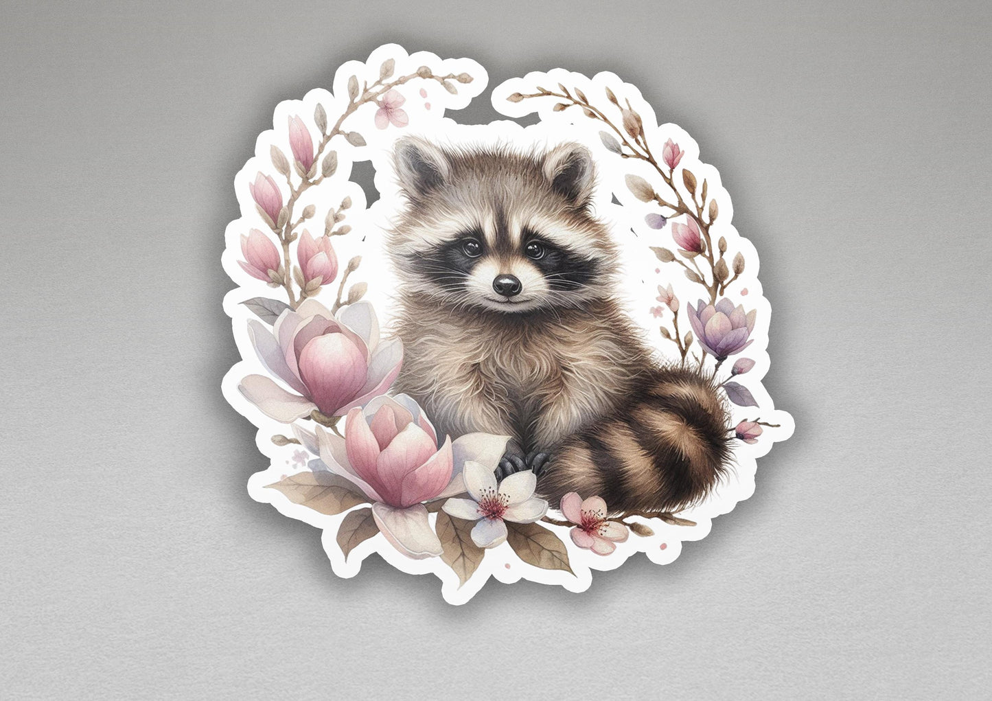 a sticker of a raccoon surrounded by flowers