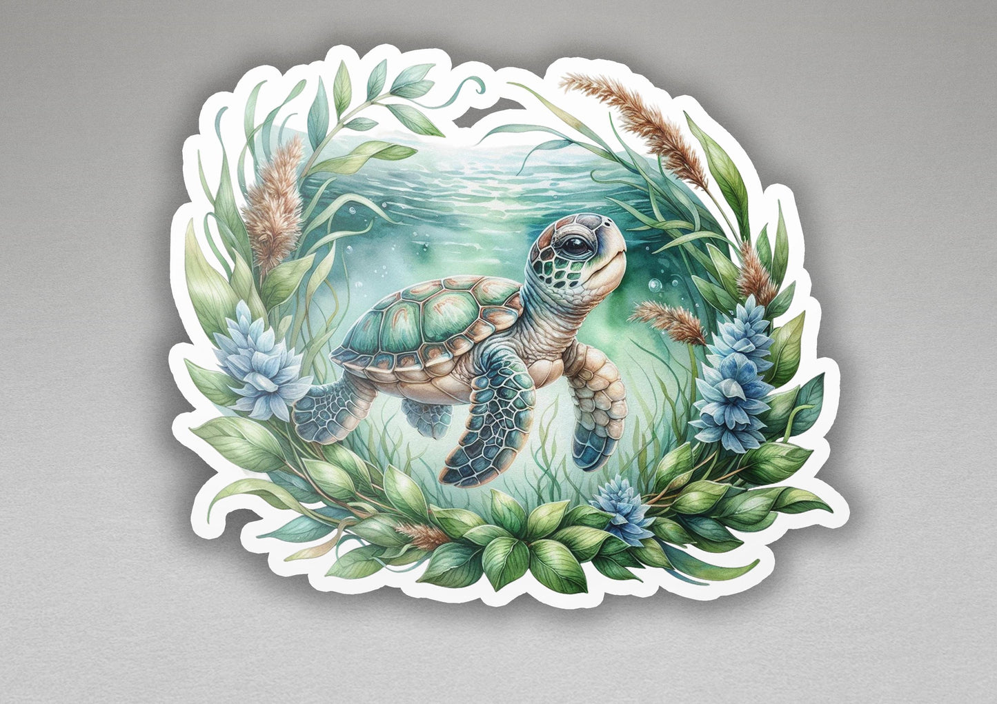 a sticker of a sea turtle surrounded by plants