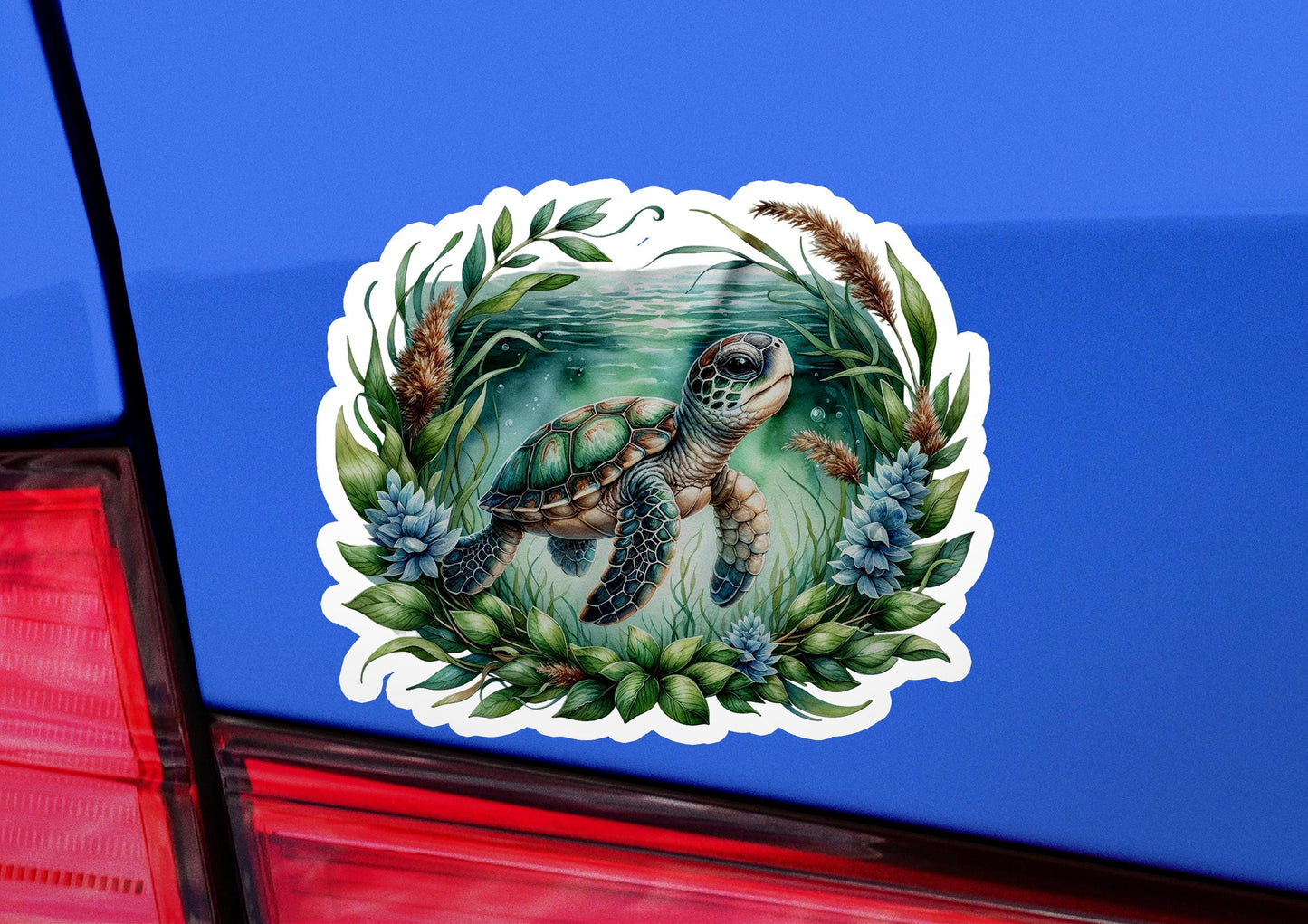 a turtle sticker on the back of a car