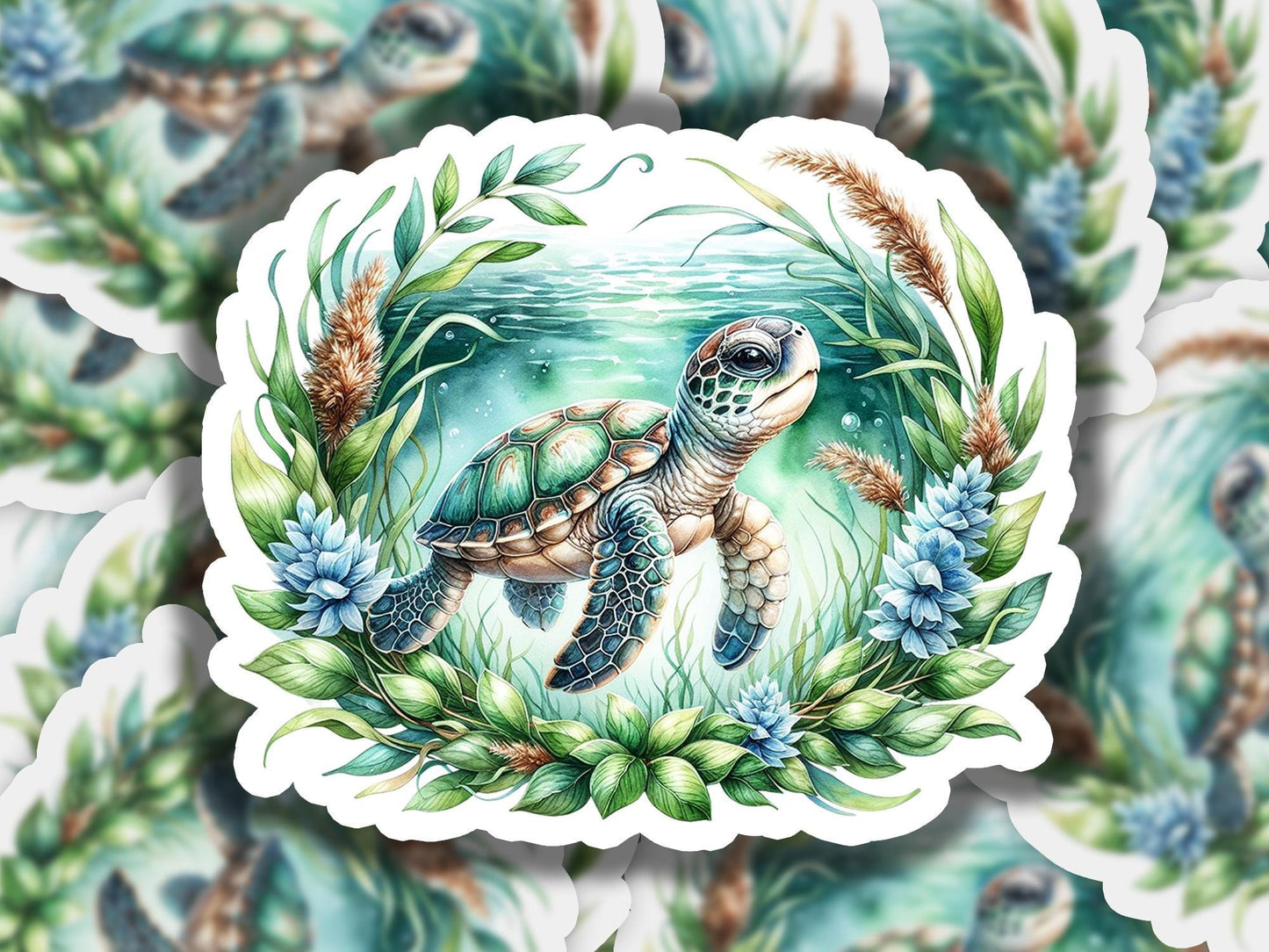 a sticker of a turtle surrounded by plants