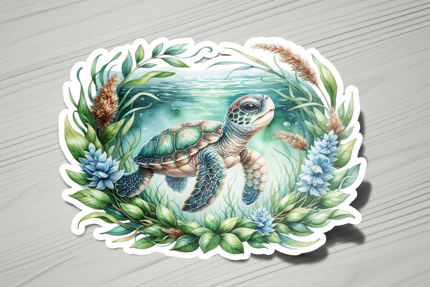 a sticker of a turtle swimming in the ocean