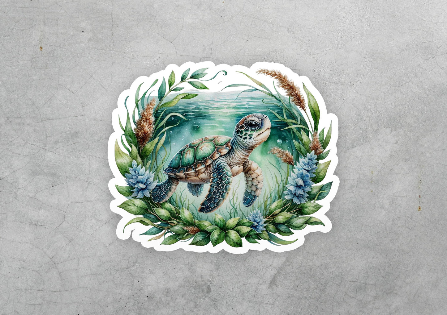 a sticker of a turtle swimming in the ocean