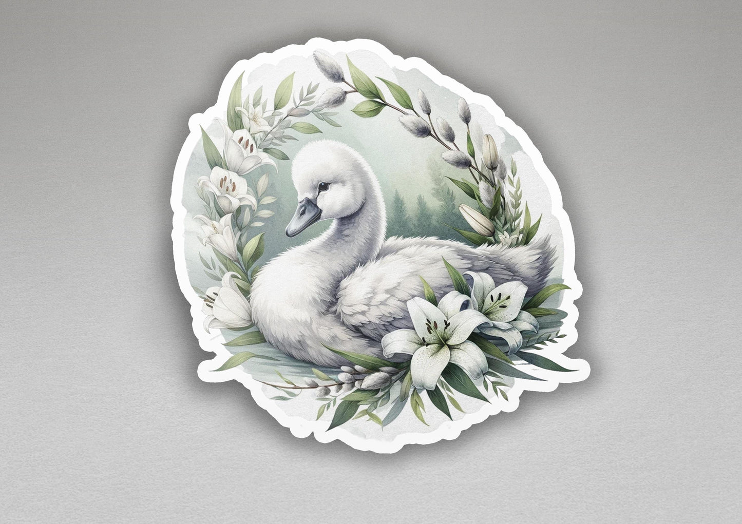 a sticker of a white swan surrounded by flowers
