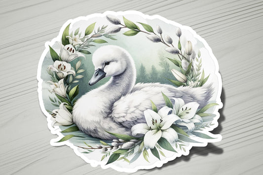a sticker with a picture of a swan and flowers