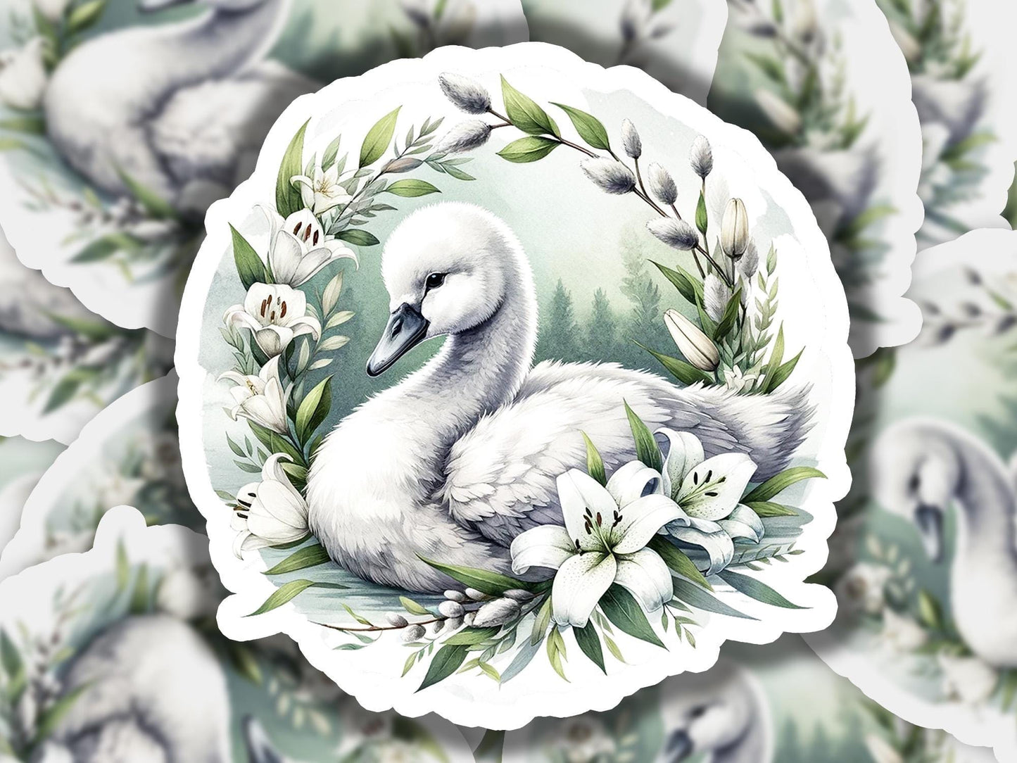 a picture of a swan surrounded by flowers