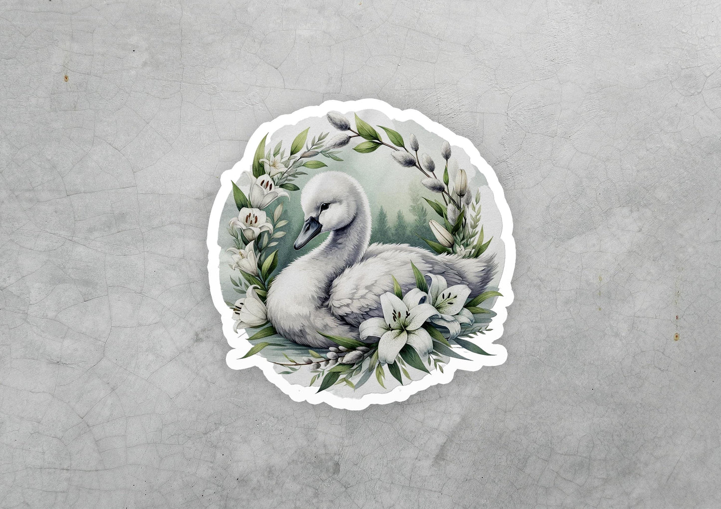a sticker of a white swan surrounded by flowers