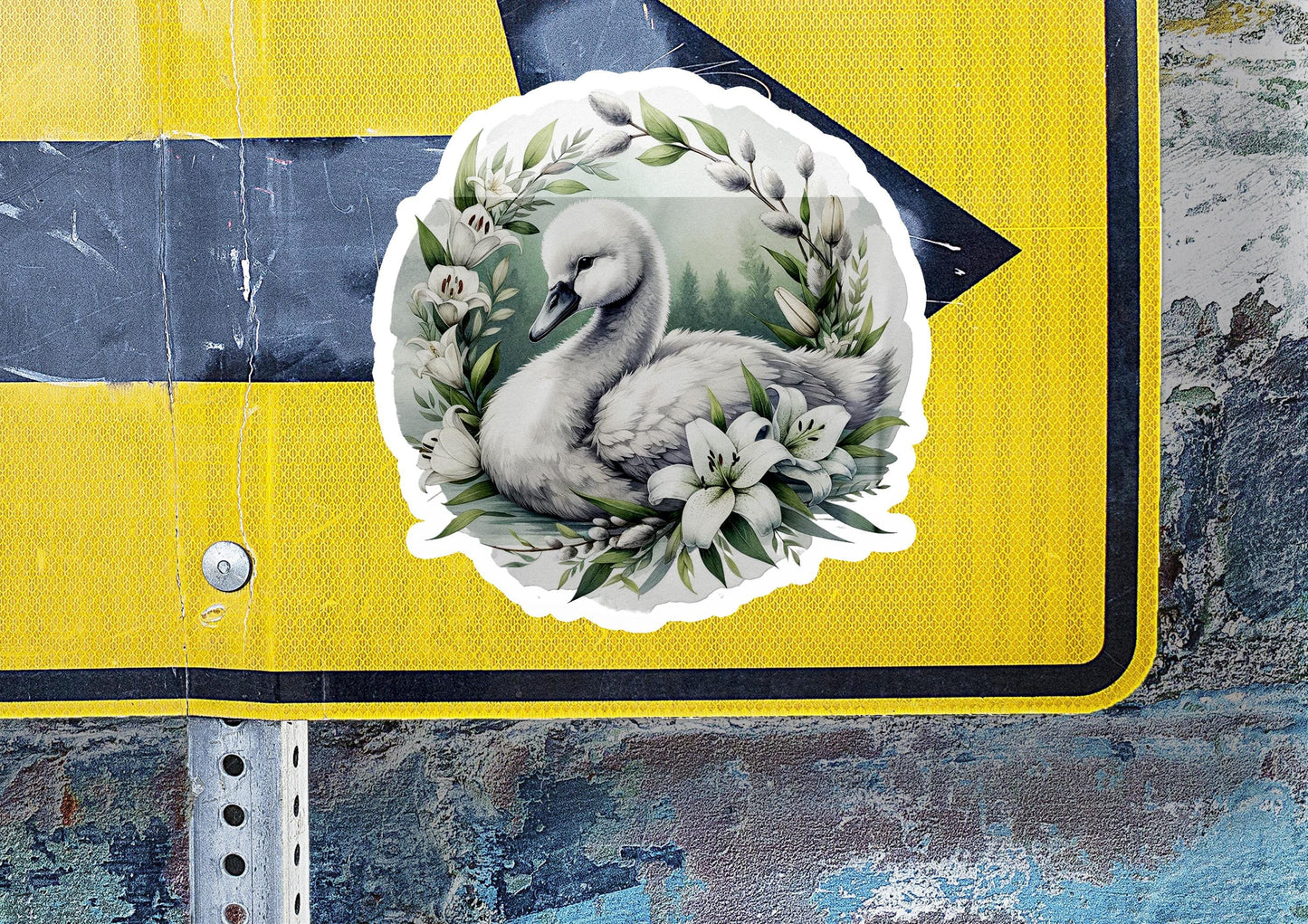 a sticker of a swan on a street sign