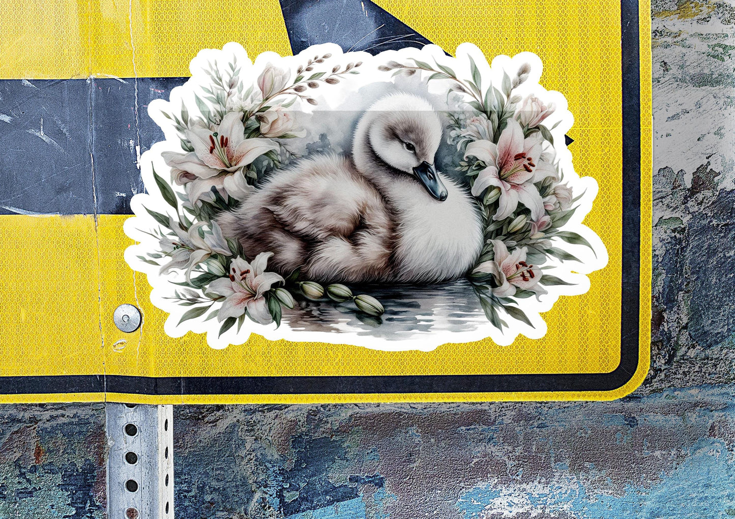 a sticker of a duck with flowers on it