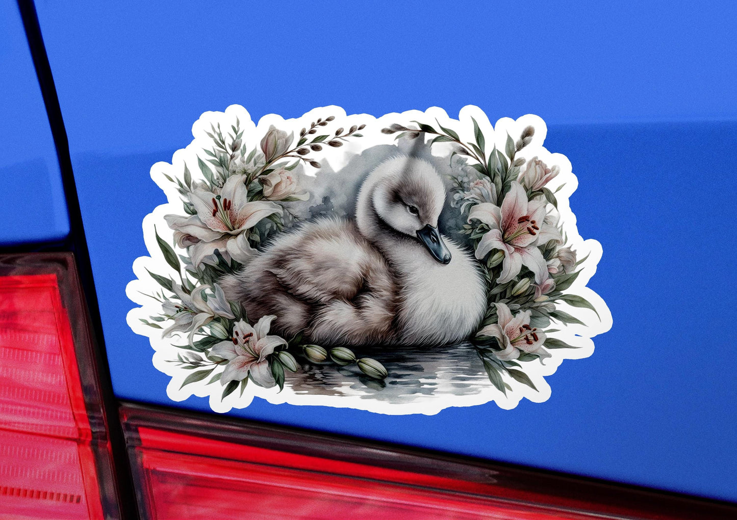 a sticker of a duck with flowers on it
