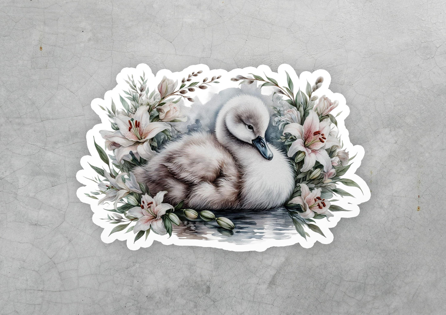 a sticker with a picture of a duck and flowers