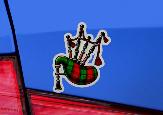 a car with a sticker of a bagpipe on it