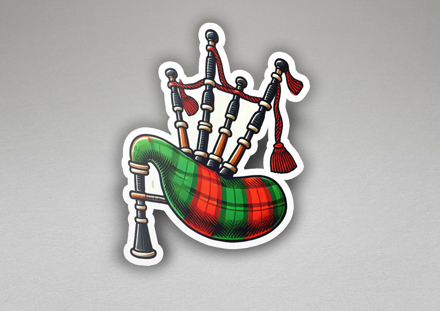 a sticker of a green, red, and black bagpipe