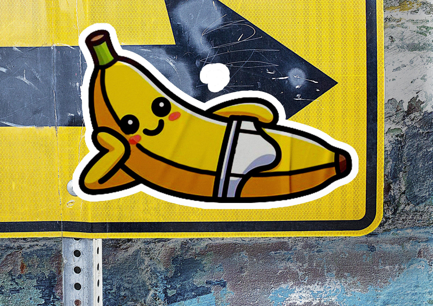 a sticker of a banana on a street sign