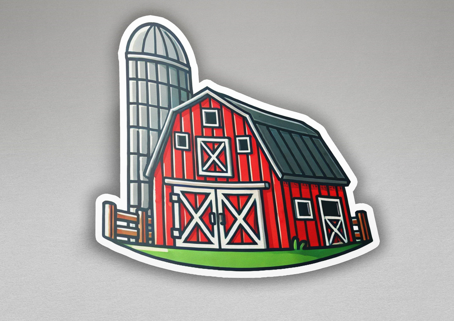 a sticker of a barn and a silo