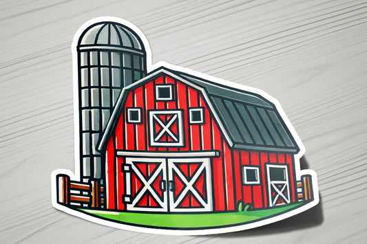 a sticker of a red barn and a silo