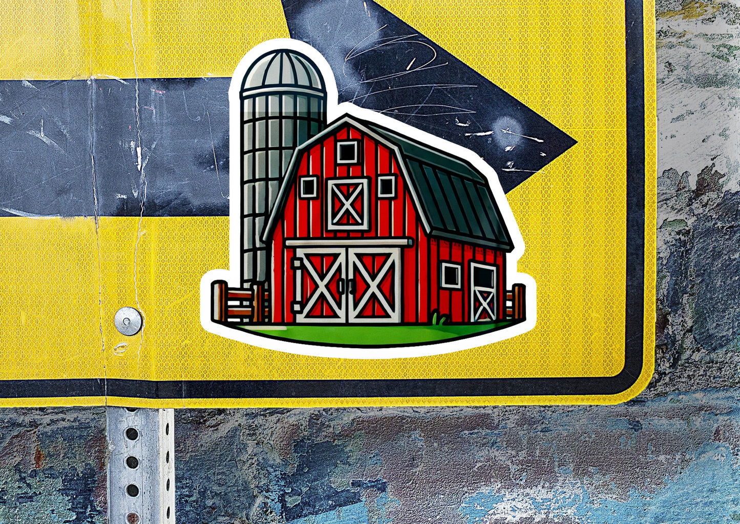 a sticker of a barn with a bird on it