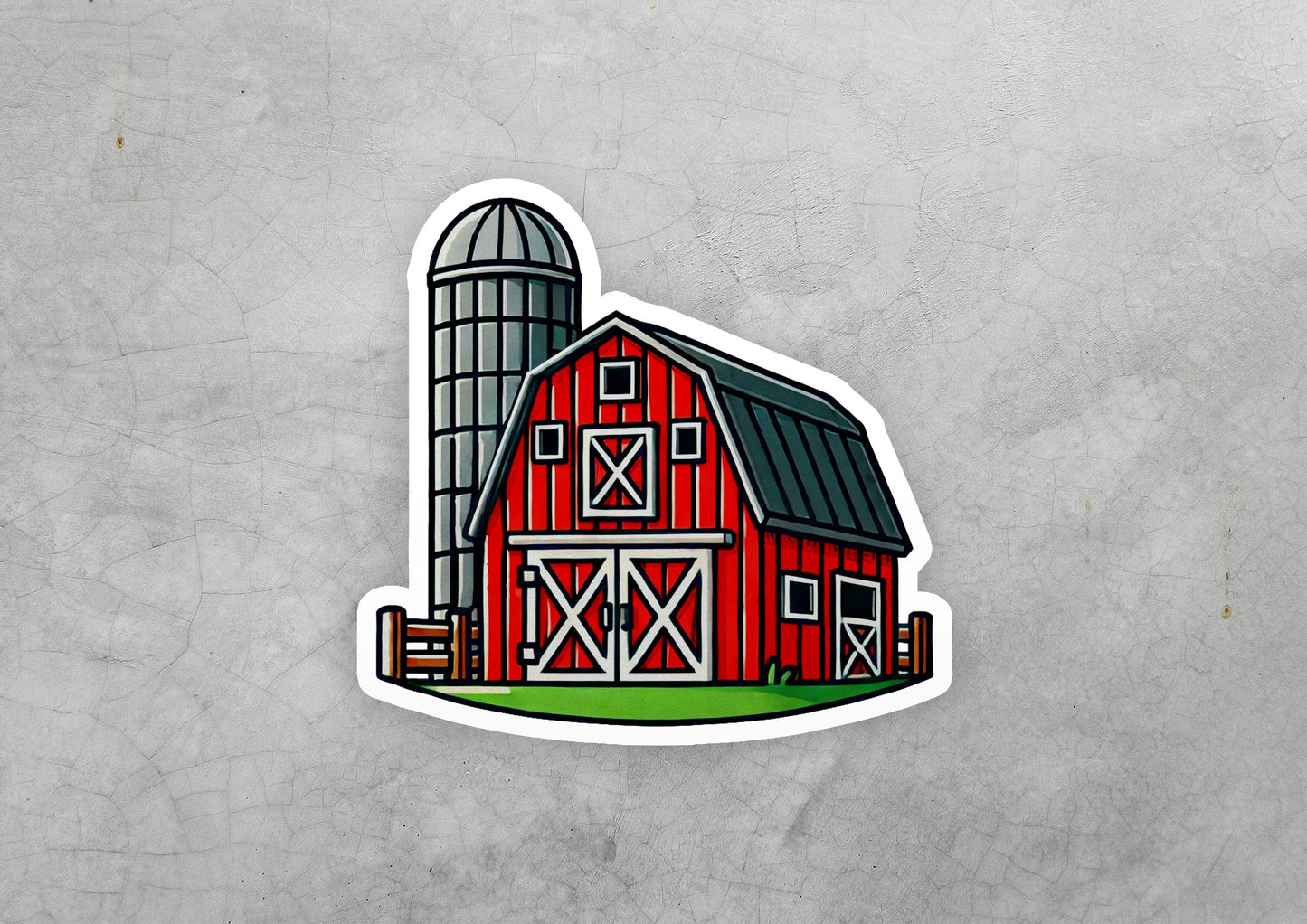 a sticker of a barn and a silo