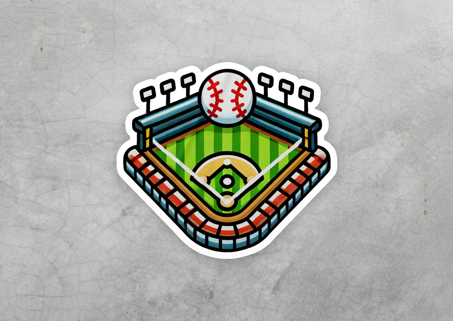 a sticker of a baseball and a baseball field