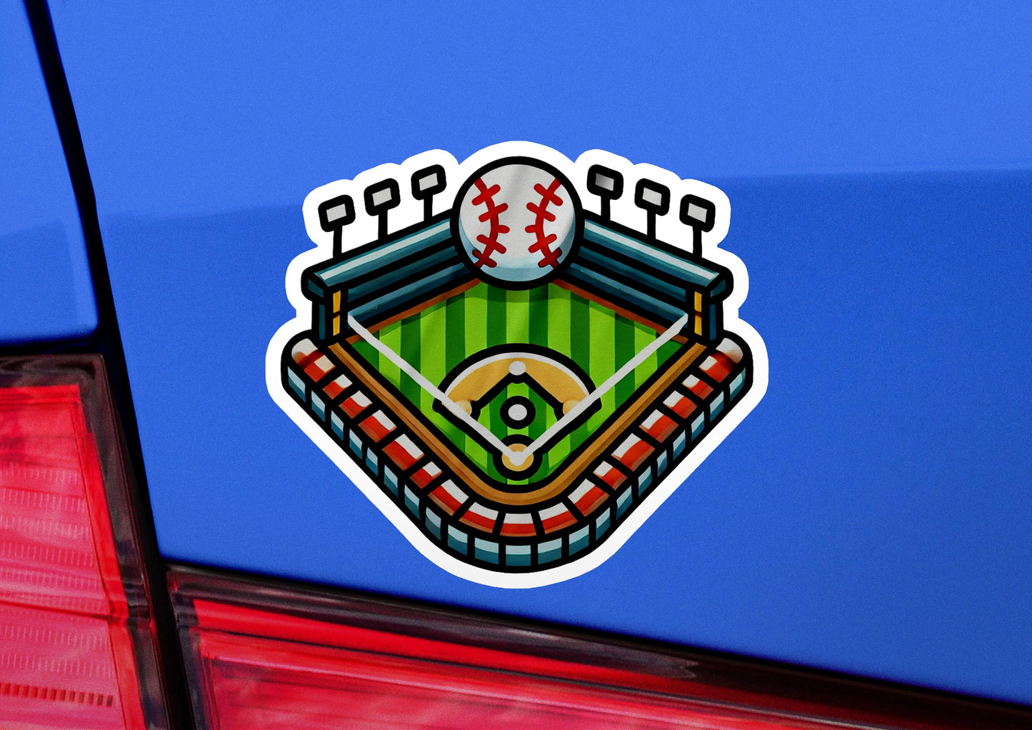 a sticker of a baseball and a baseball field