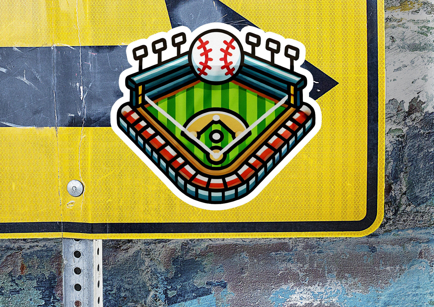 a close up of a street sign with a baseball field