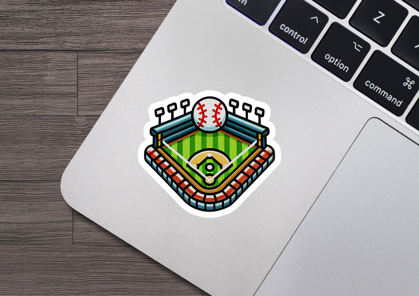 a laptop with a sticker of a baseball field