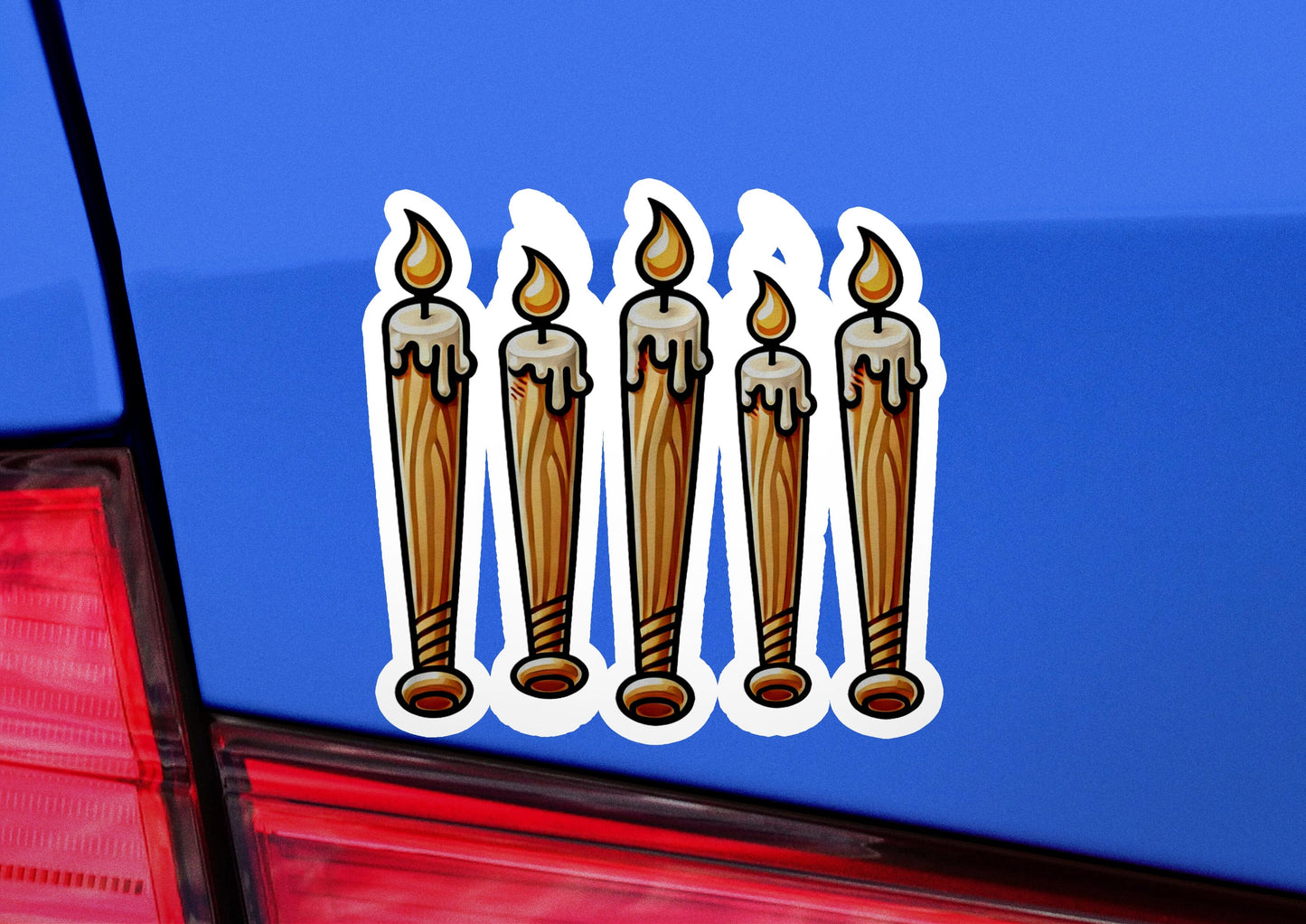 a close up of a car with stickers on it