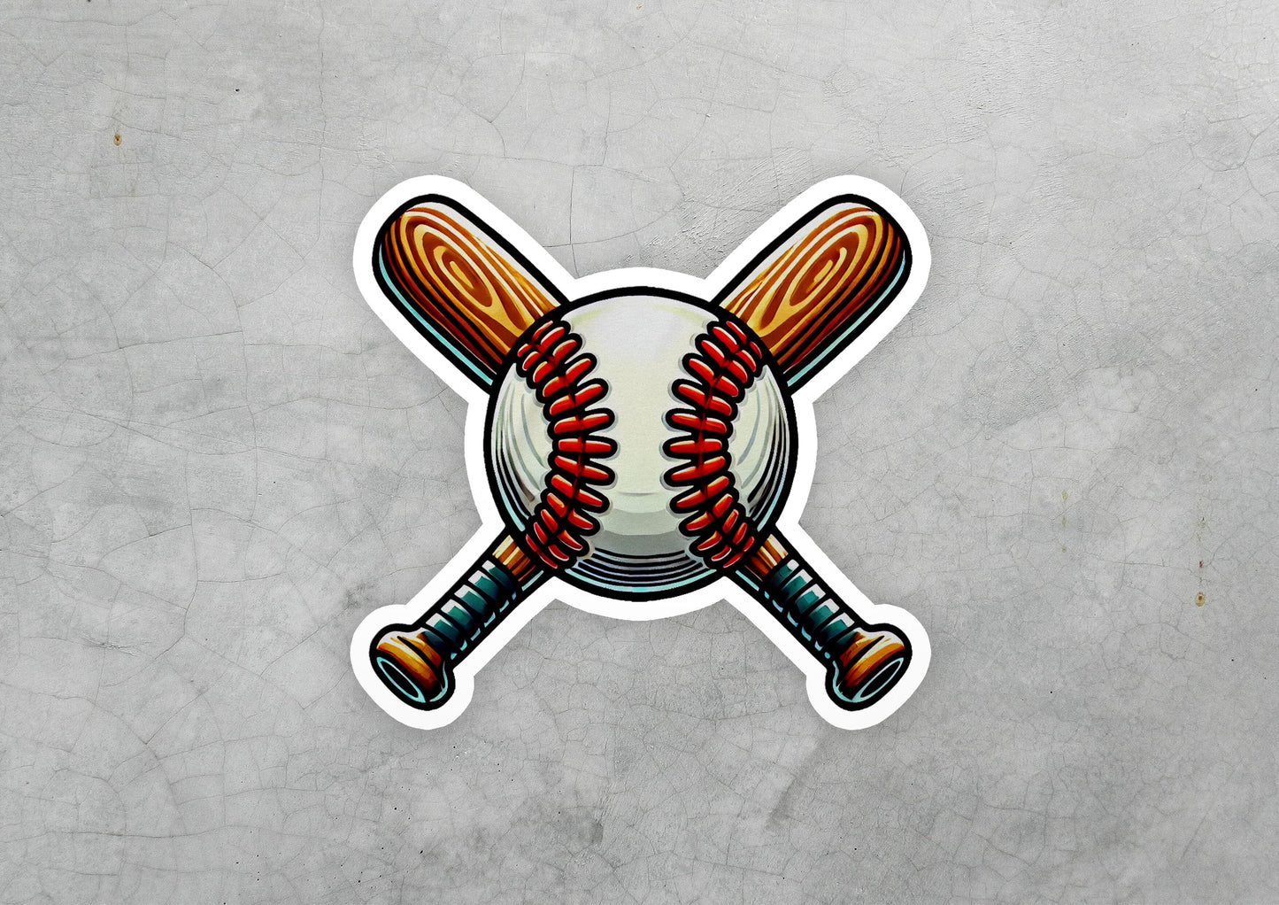 a baseball sticker with a bat and ball on it