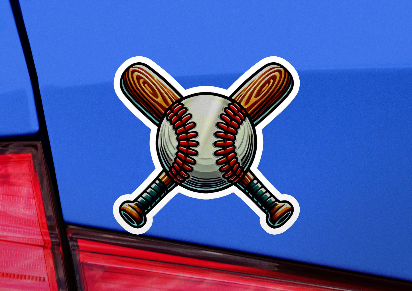a baseball sticker on the back of a car