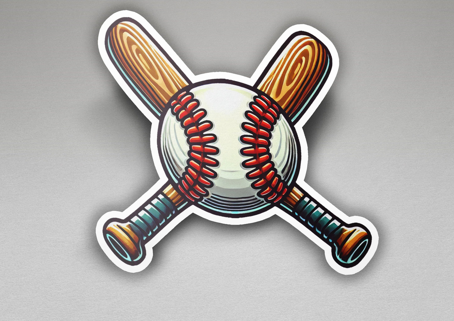 a sticker of a baseball and a baseball bat
