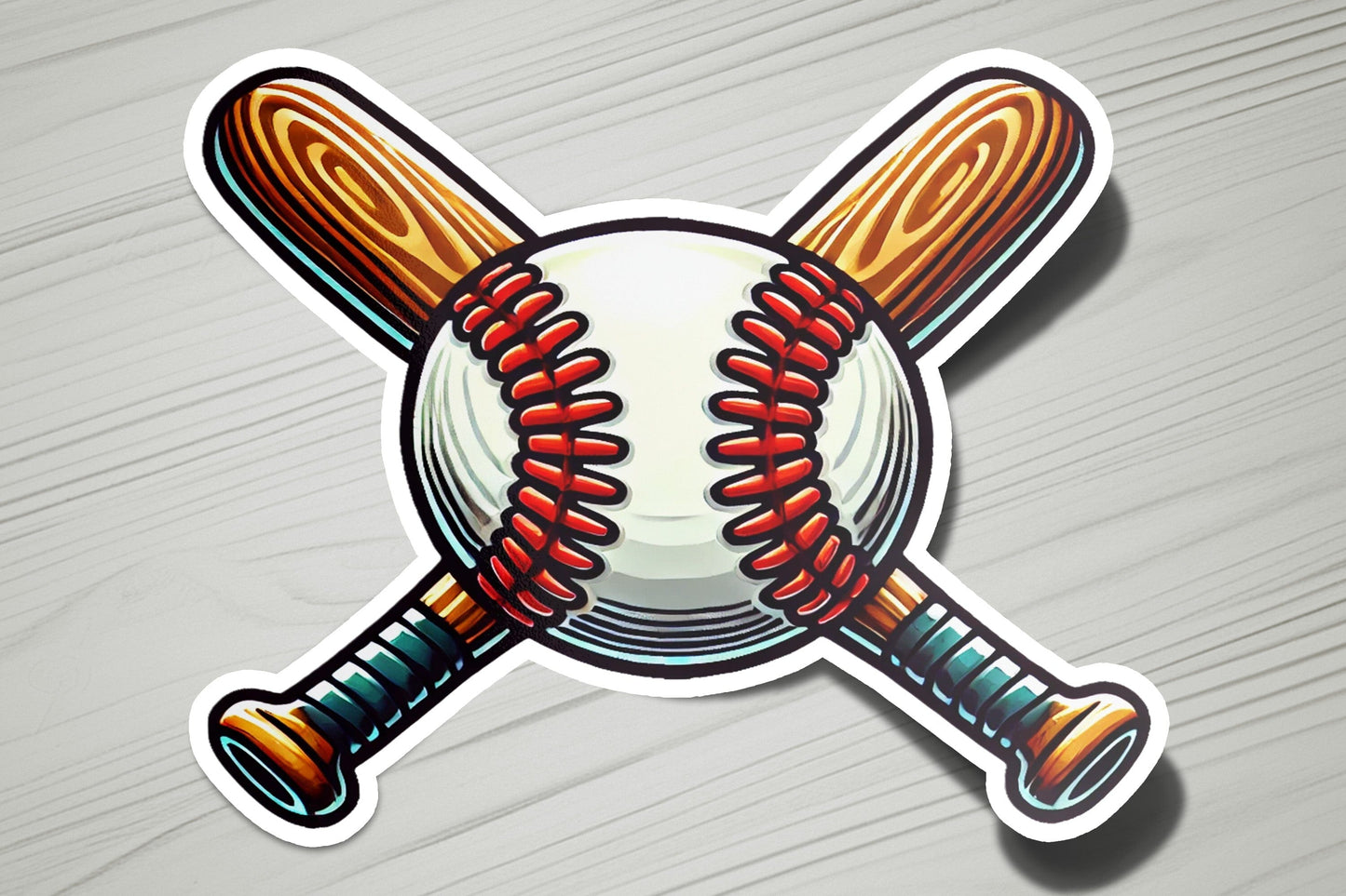 a sticker of a baseball with a bat