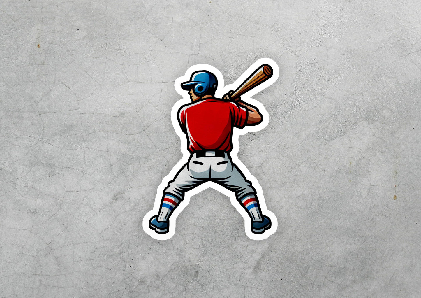 a sticker of a baseball player holding a bat