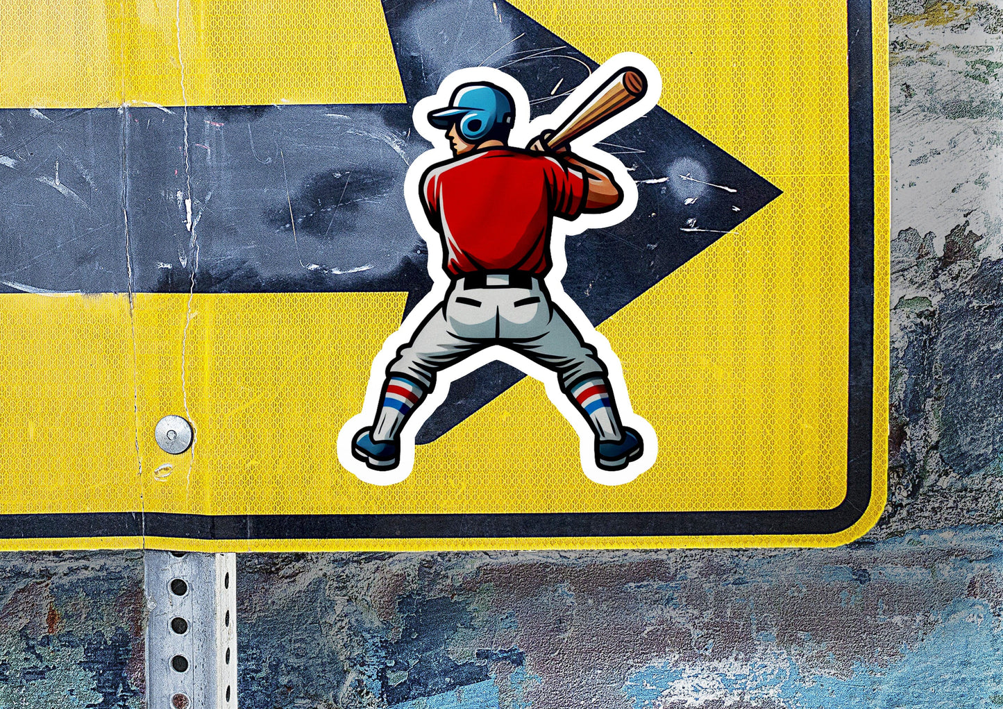 a sticker of a baseball player holding a bat
