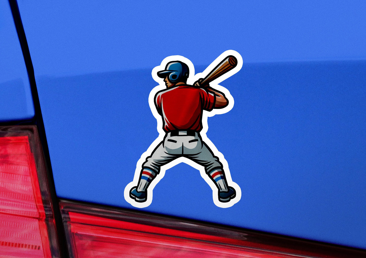 a sticker of a baseball player holding a bat