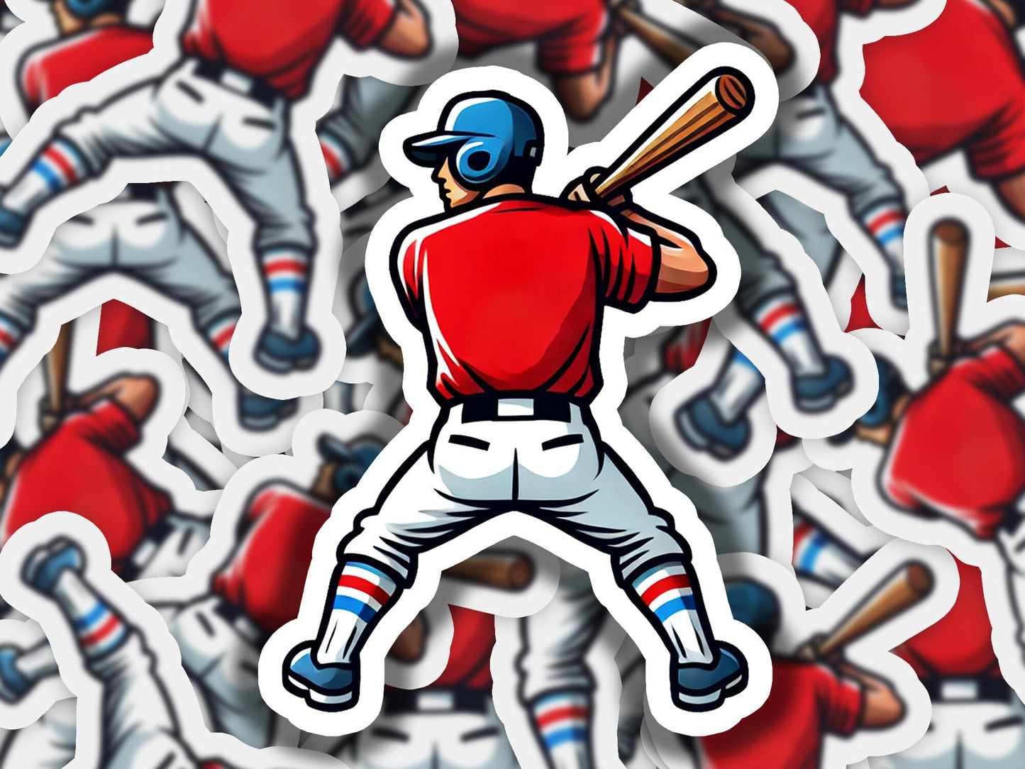 a sticker of a baseball player holding a bat