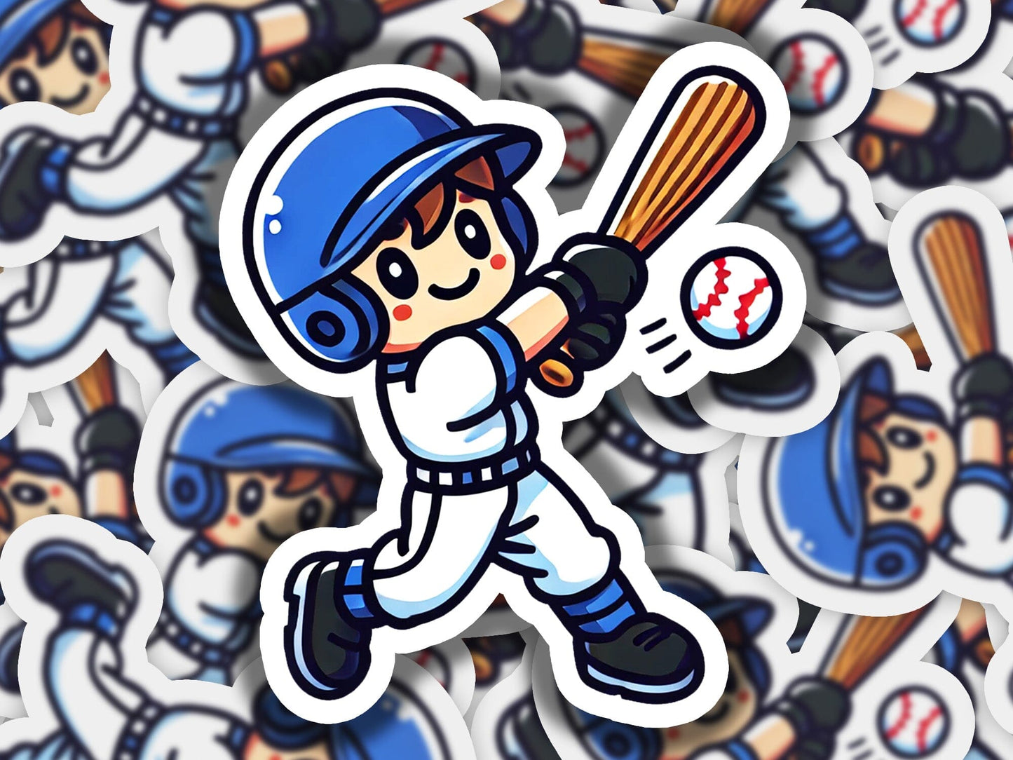 a sticker of a baseball player hitting a ball