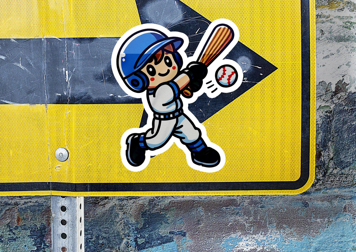 a sticker of a baseball player hitting a ball