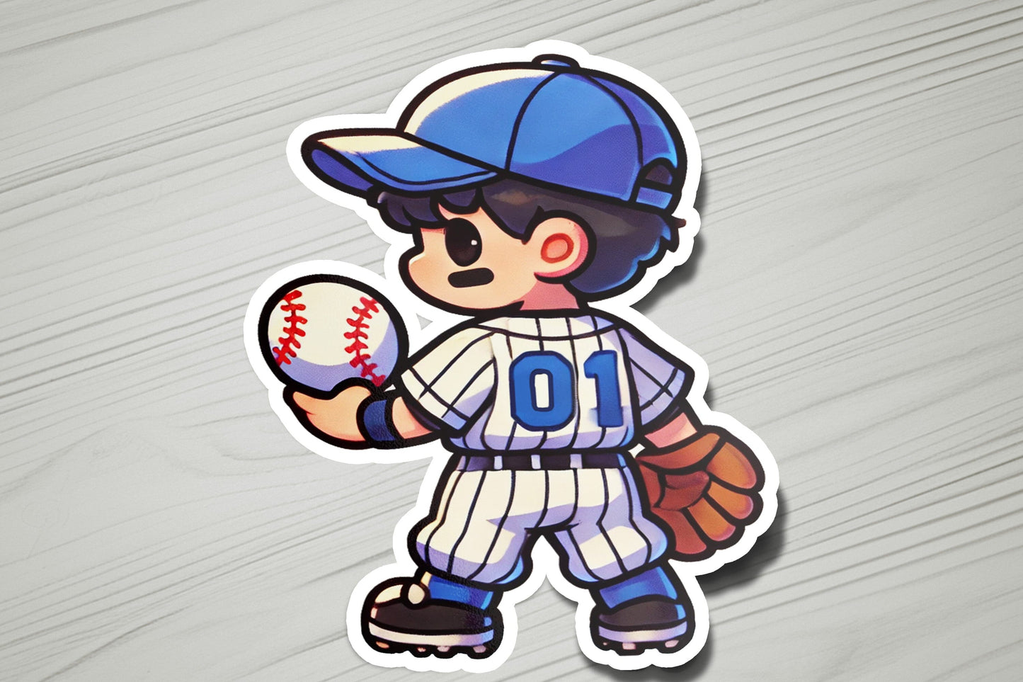 a sticker of a baseball player holding a ball