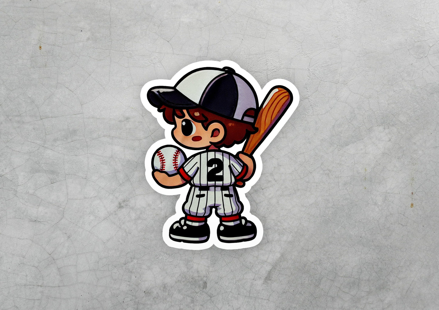 a sticker of a baseball player holding a bat