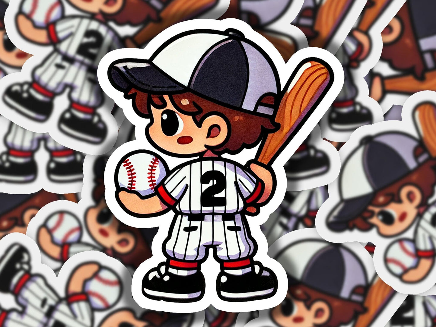 a sticker of a baseball player holding a bat