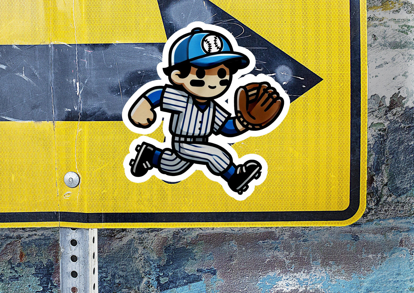 a sticker of a baseball player is on a sign