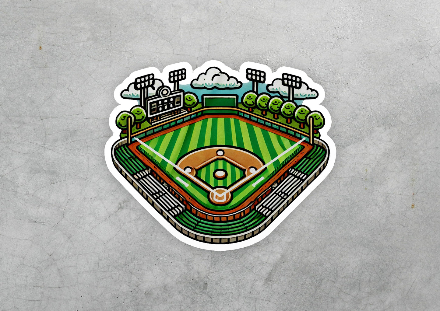 a sticker of a baseball field with a sky background