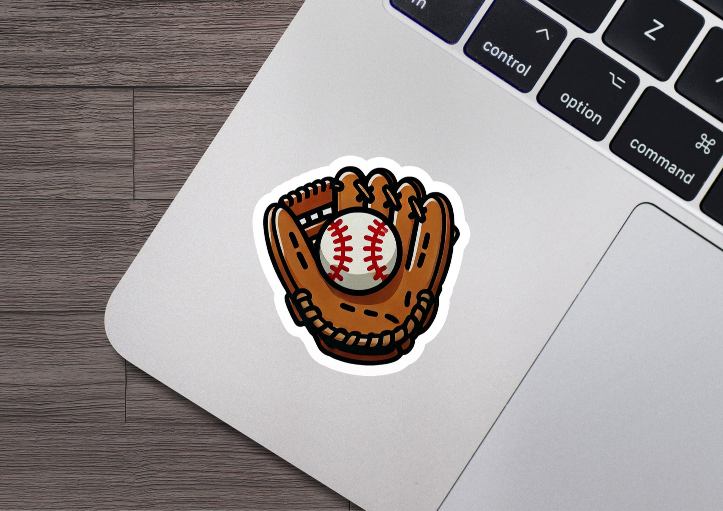 a baseball in a glove sticker on a laptop