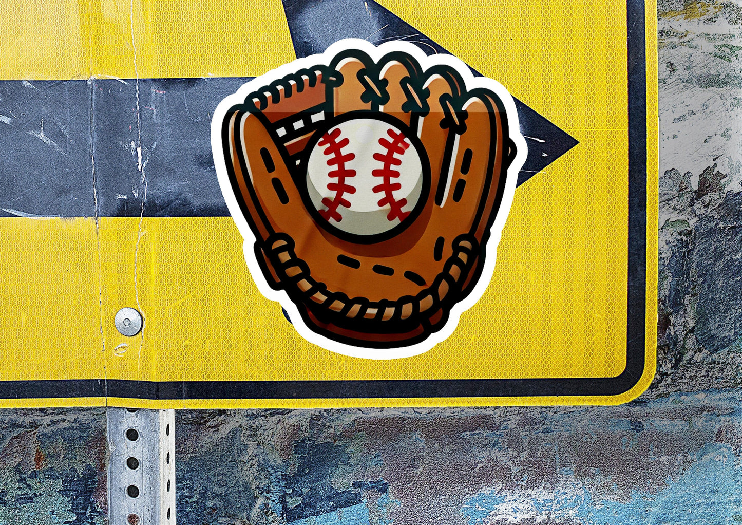 a close up of a street sign with a baseball in a glove