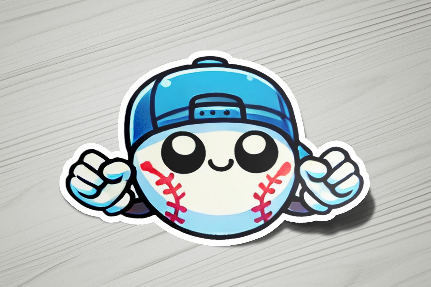 a sticker of a baseball with a hat on