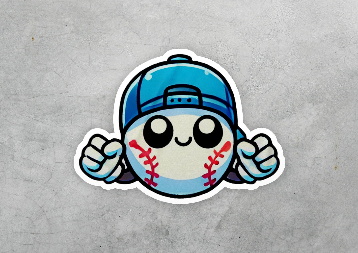 a sticker of a baseball ball with a baseball cap on it