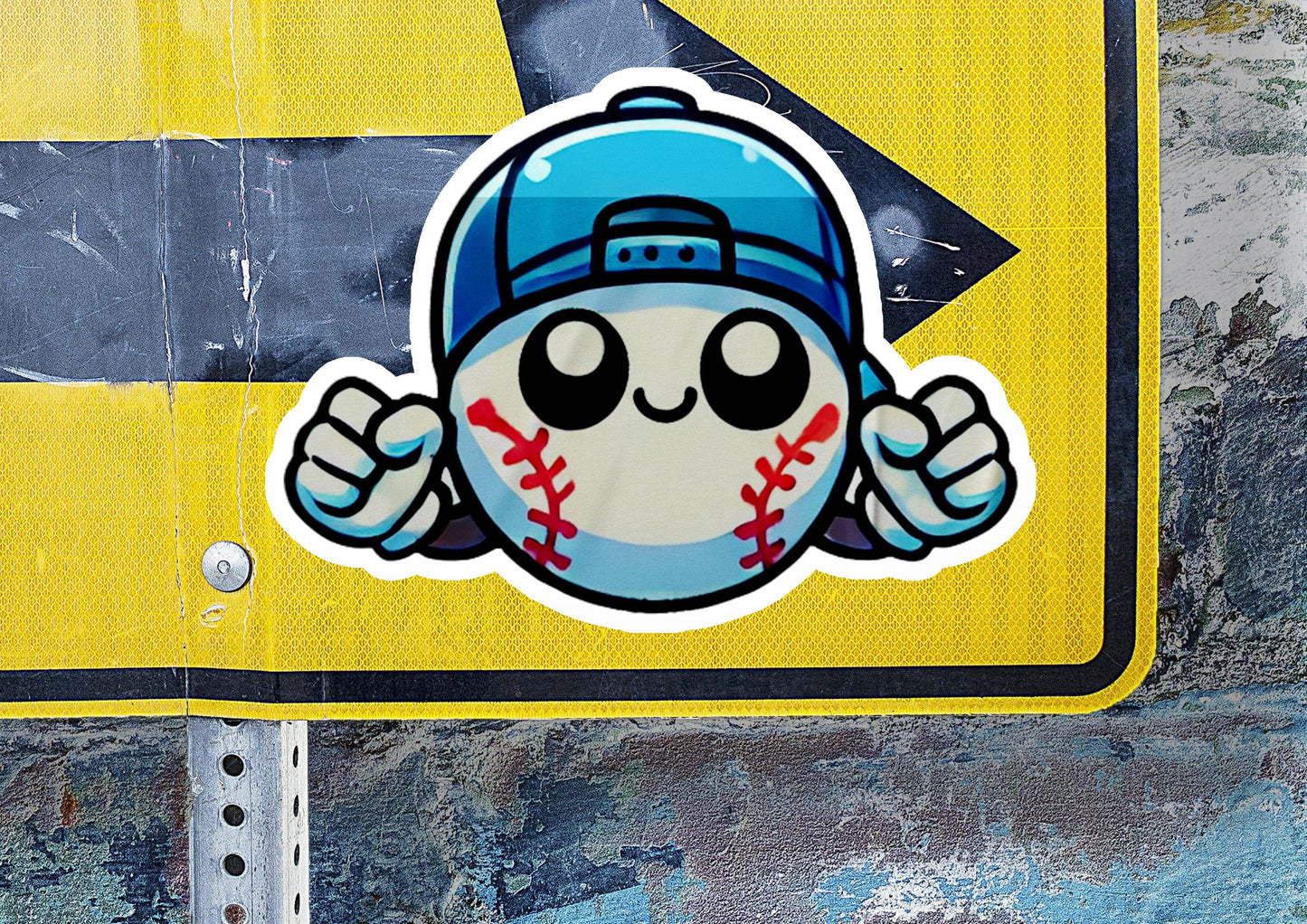 a close up of a street sign with a baseball on it