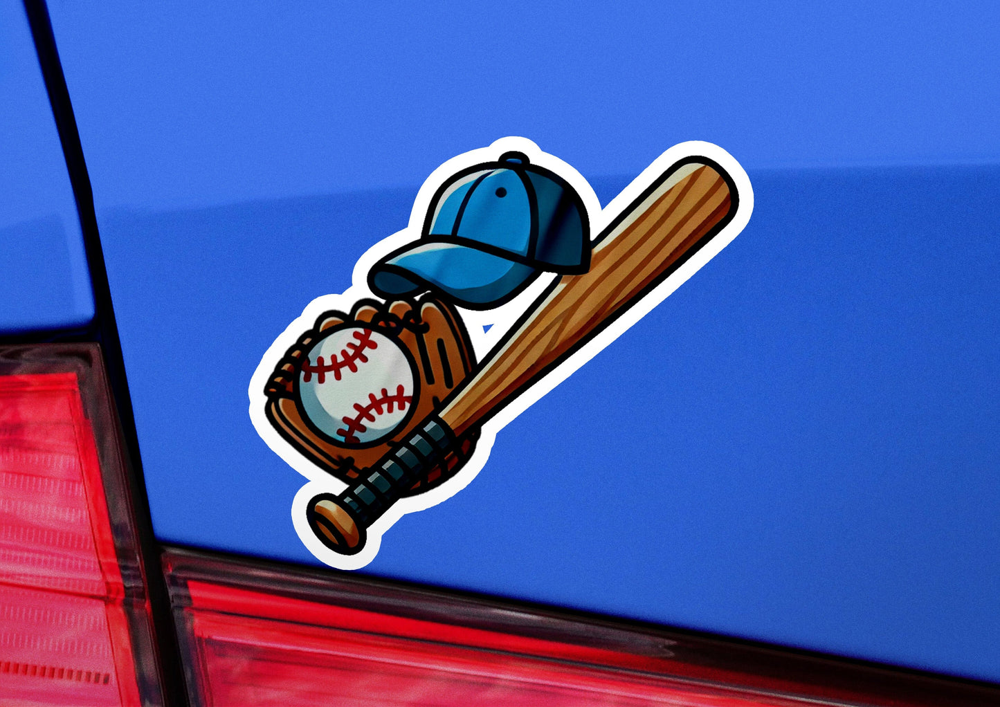 a baseball and a baseball glove sticker on the back of a car