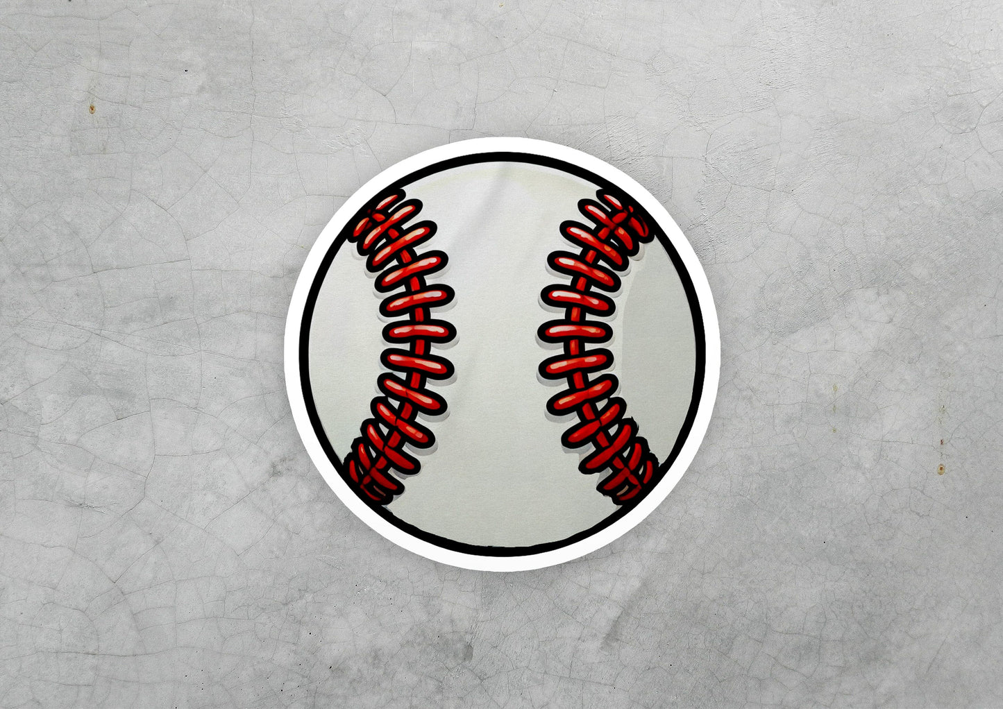 a sticker of a baseball with a red stitching on it